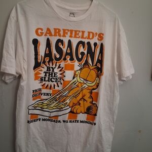 Vintage Garfield Brand Men's White Lasagna By The Slice Logo T Shirt Size L